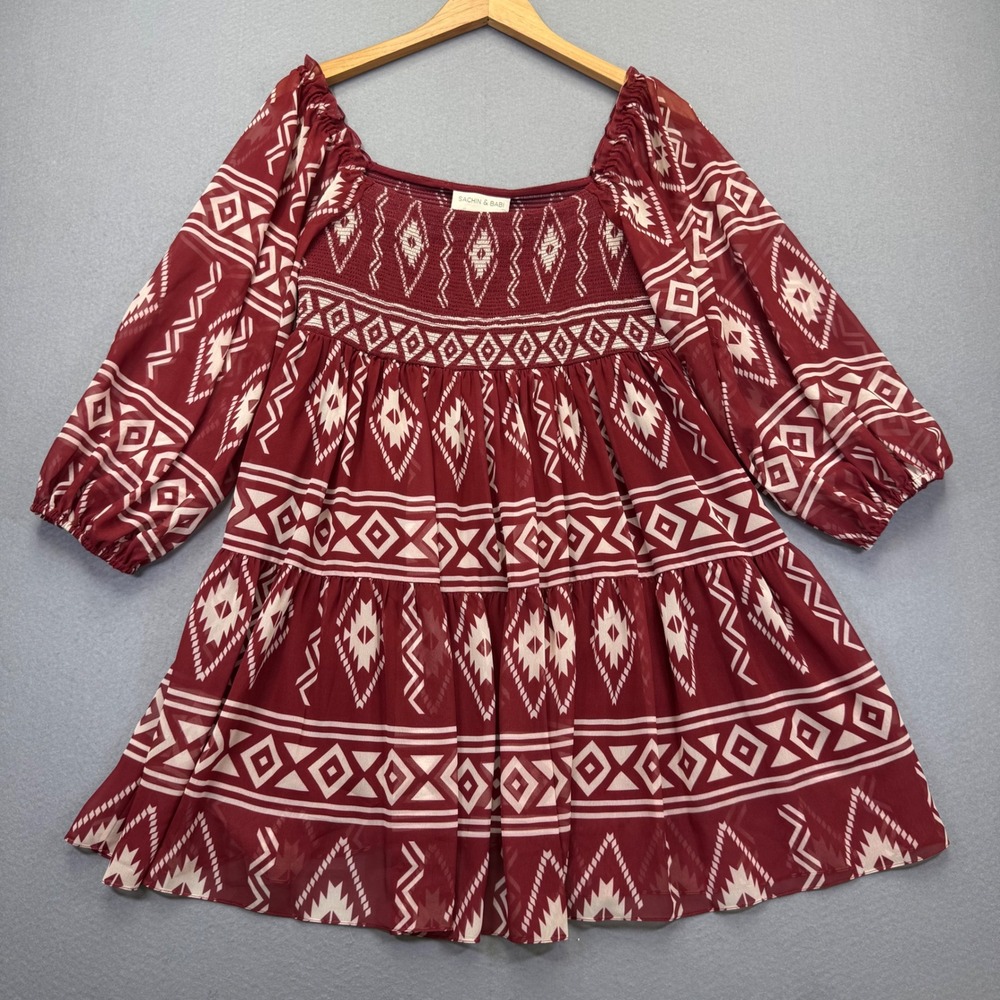 Sachin & Babi Lola Dress Aztec‎ Borders Crimson Smocked Tiered Chiffon Mini M